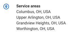 Service areas outlined for Rose Digital on Google My Business.