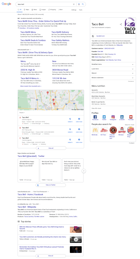 Taco Bell SERPs page featuring the best off-page SEO examples.