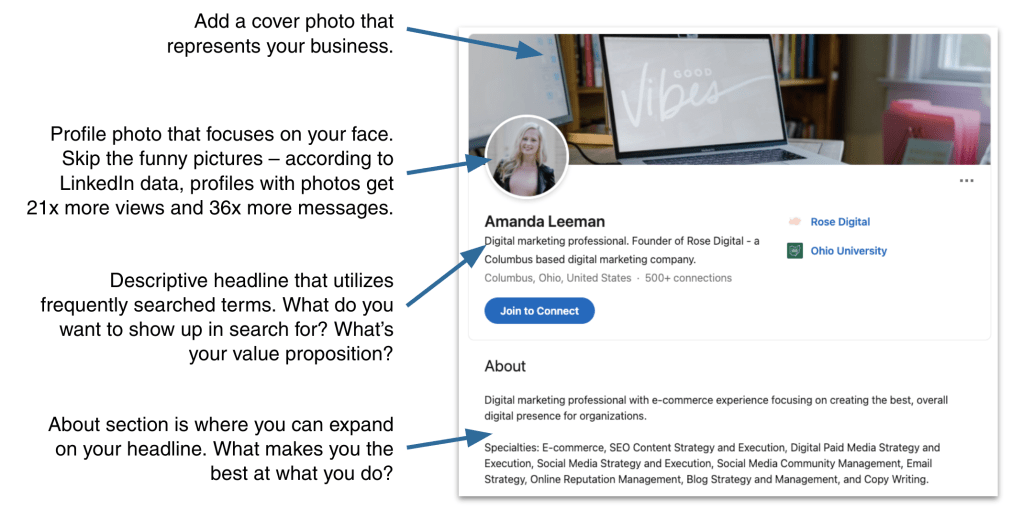 Example of a search optimized LinkedIn profile.