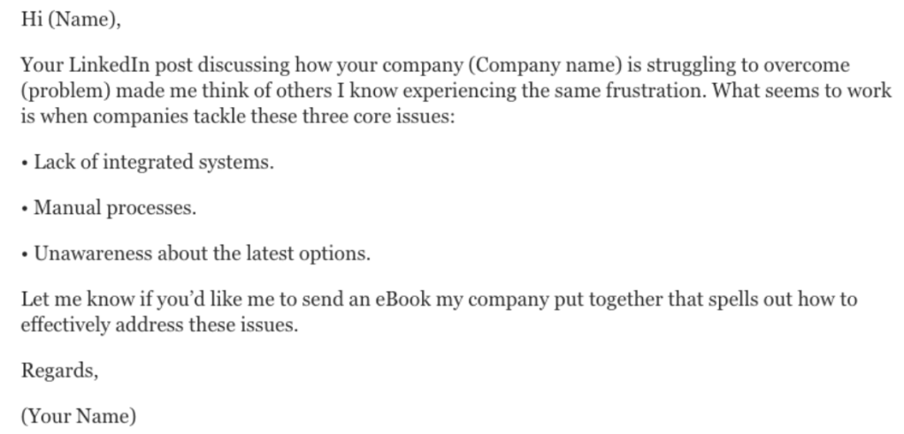 Example cold outreach message for LinkedIn.